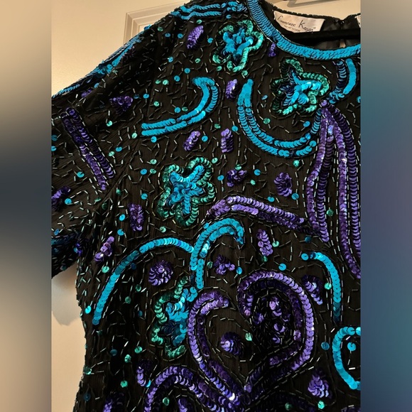 Vintage Laurence Kazar 100% Silk Beaded Sequin Blouse Plus 3X Blue Purple EUC - Picture 4 of 5
